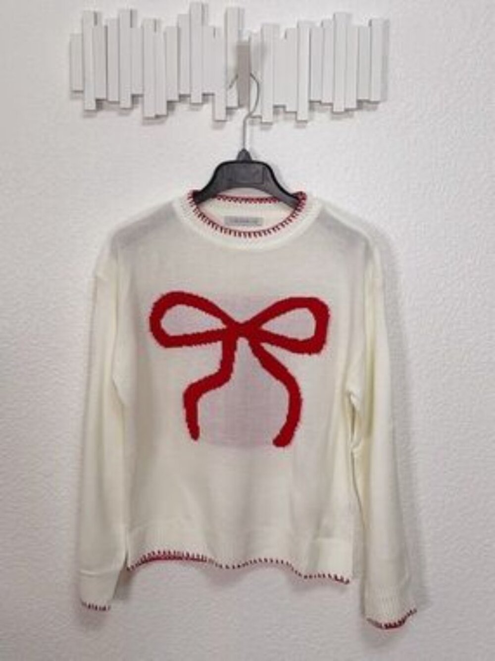 Miss Sparkling Ivory Red Bow Graphic Lightweight Knit Sweater - Picture 2 of 7